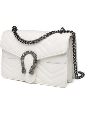 Women's Matte White Oblong Crossbody Satchel Clutch Leather Chain Evening Purses